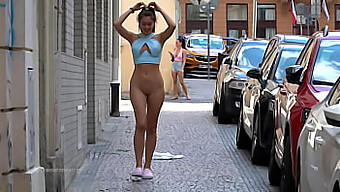 Brunette Bombshell Flashes Her Shaved Pussy In Public