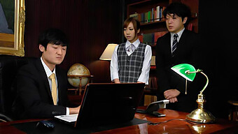 A Naughty Japanese Office Assistant Relishes A Vigorous Threesome At Work